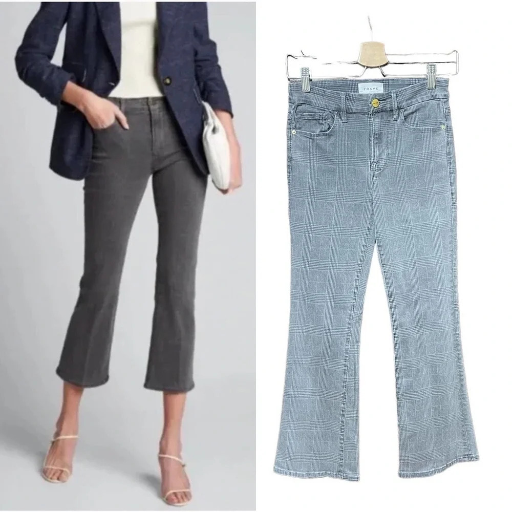 FRAME‎ Denim Le Crop Mini Boot Plaid Jeans in Washed Grey Plaid Size 25